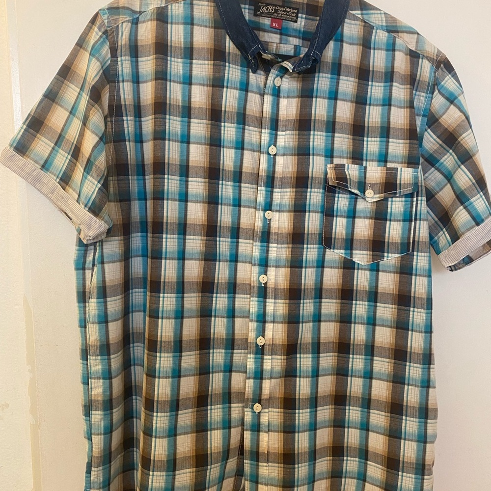 Jachs Men's Teal and Brown Checkered Shirt